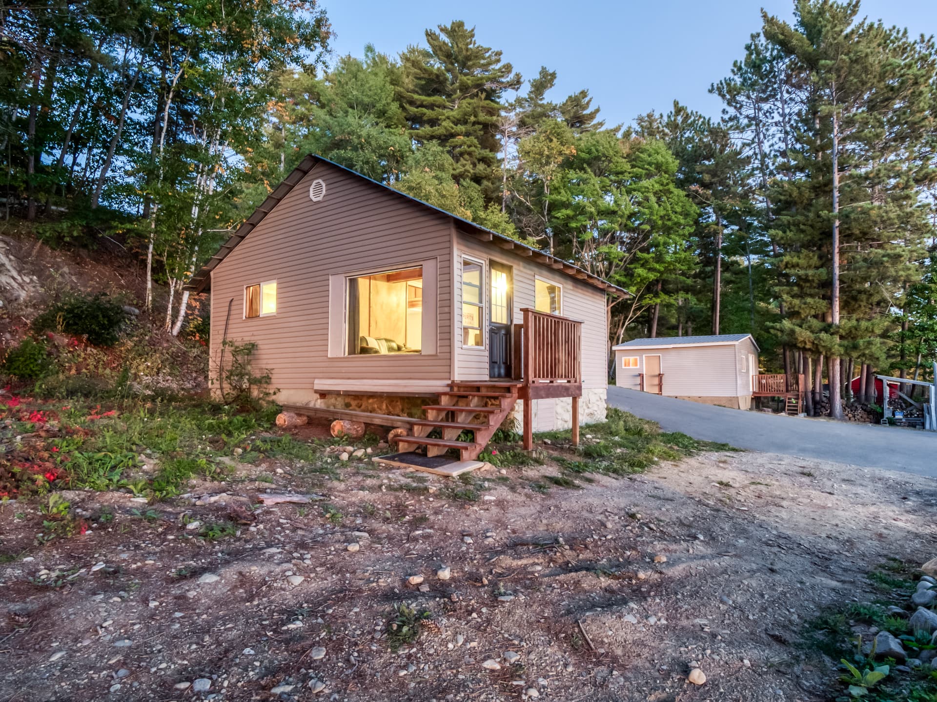 Sleep cabins among the trees beside the gravel drive
