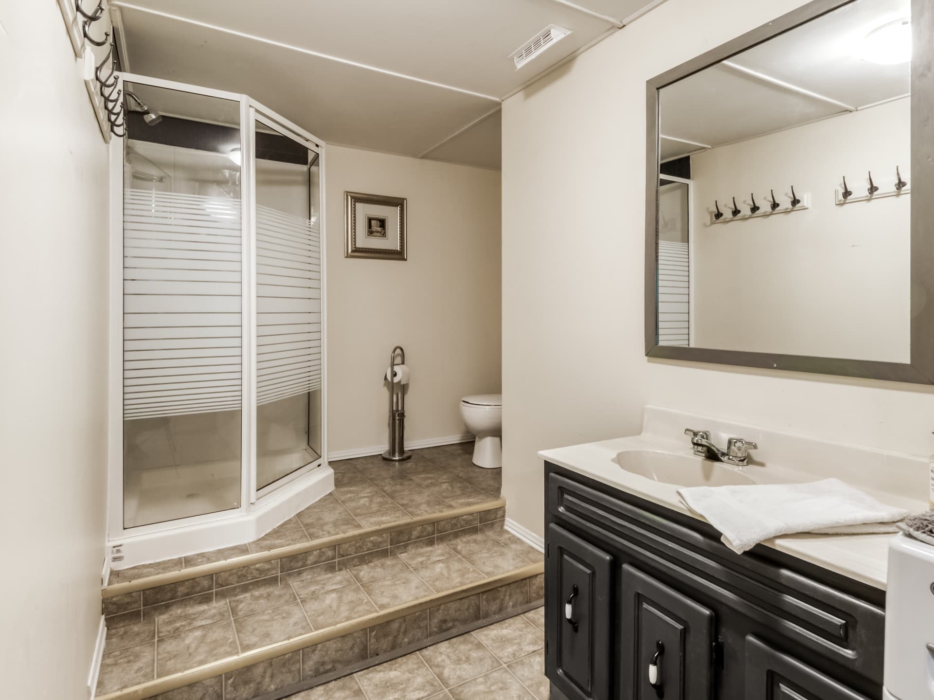 Second bathroom with a shower stall, toilet, and vanity
